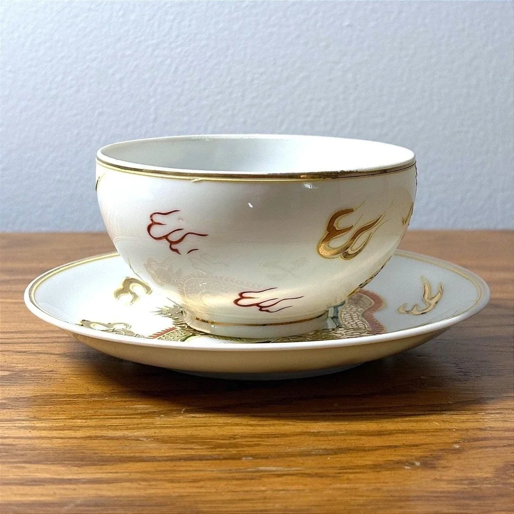 Crest Japan‎ Lithophane Tea Cup Saucer Set Gold Moriage Dragon Geisha  Vintage